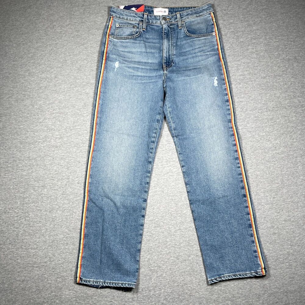 Sundry Jeans Womens 29 Blue Straight Mid Rise Distressed Stripe Star USA